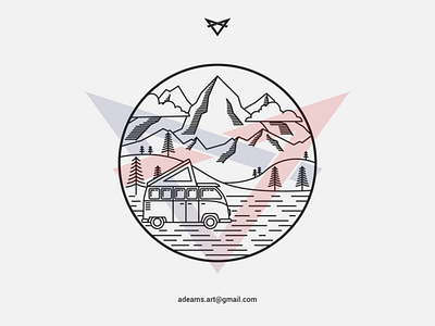 Camping Car badge design blackandwhite camper campervan camping europe illustration landscape line art minimalism minimalist monochrome monoline mountain outdoor sticker tshirt design van vector vw