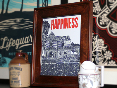 Happiness Linocut + Letterpress Print carved handmade happiness home letterpress linocut print wood block