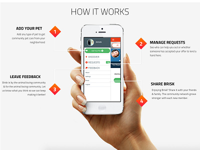 Brisk - How it works section on website app hand interface iphone landing page mobile showcase ui website