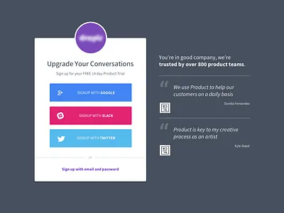 Droplr registration forms droplr form input onboarding registration sign up slack social proof social sign in