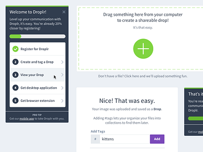 Droplr User On-boarding UI Elements checklist drag and drop flow interface on boarding onboarding ui user interface ux welcome