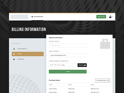 User Account Settings UI account billing dashboard golf history material patterns product settings ui ui design
