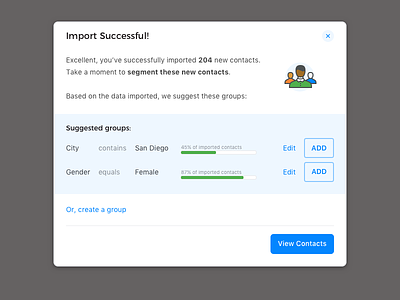 Contacts Import Suggestions contacts dialog edit graph group import manage modal onboard product ui