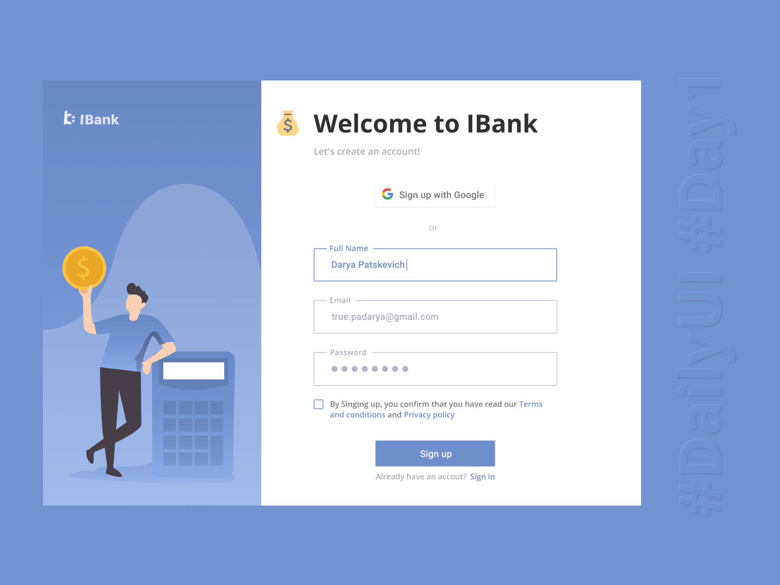 IBank - Sign up page | Daily UI Challenge animated gif bank dailyui day1 figma figmotion illustration sign in sign up ui