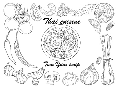 Tom yum soup cuisine design food hand drawn illustration line natural outline spicy thai food vector