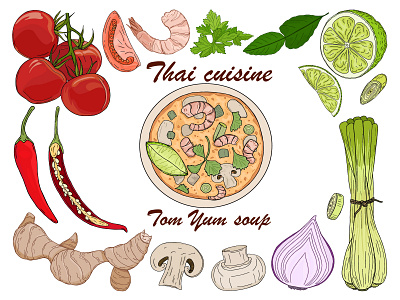 Tom yum soup ingredients cuisine design food illustration organic spicy thai food vector