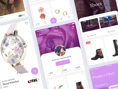 Social Shopping app detail ecommerce filter herlandia ios listing product profile purple sorting tapbar