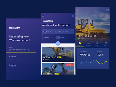 KOMATSU - Machine Health Report app blue graph iphone komatsu listing login overview purple search web