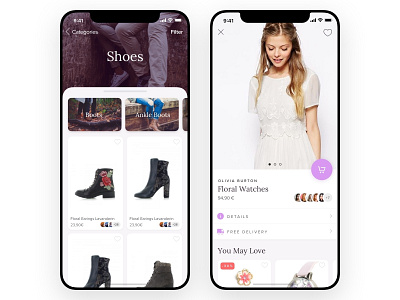 Herlandia - Product Listing & Detail app cards cart categories detail ecommerce eshop faces girl ios listing product purple social