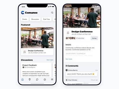 Comunee - Landing & Event Detail app comments design detail discussion event grey ios sliders tap bar ui web