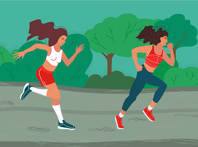 Running girls art character evening flat flat illustration girls illustration landscape run runner running sport trees vector vector art