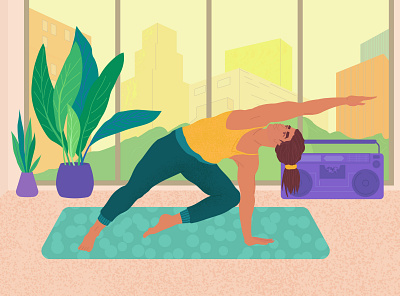 Yoga time art character cityscape flat flat illustration guy handsome hipster illustration plants room vector yoga yoga pose