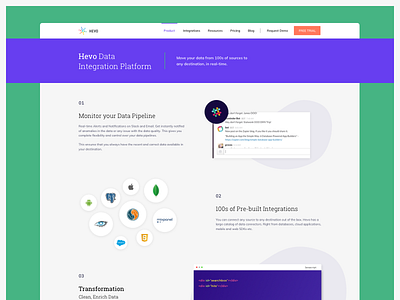 Hevo.io Product Page analytics data design minimal modern platform product startup ui ux web website