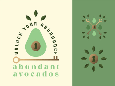 Abundant Avocados avocado avocados badge brand design brand identity branding gold grain texture illustraion key keyhole leaves lock logo logo design petals typography