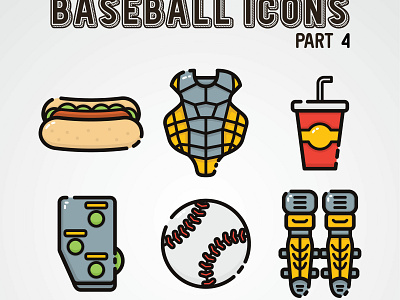 Baseball Icons Part 4 ball baseball baseball equipment drinks flat icons hot dog icons line