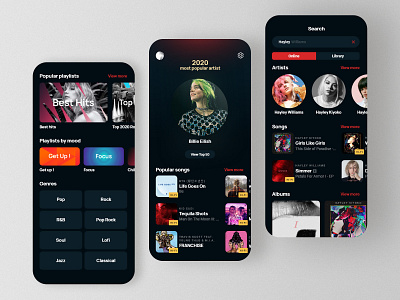 Music App - Concept app app design dark mode dark theme dark ui design inspiration interface media player mobile app mobile interface mobile ui mobileui music music app music player music player ui playlist ui design ui inspiration