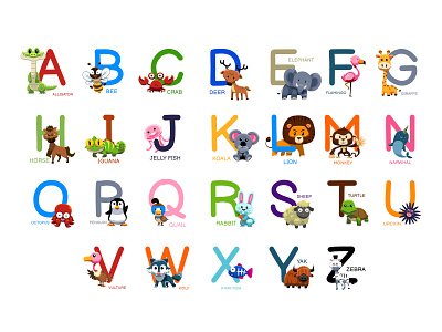 Set Alphabet A to Z cute animals cartoon graphic design illustration vector