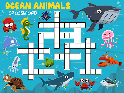 CUTE CARTOON OCEAN ANIMALS CROSSWORD animal cartoon character design education game illustration vector