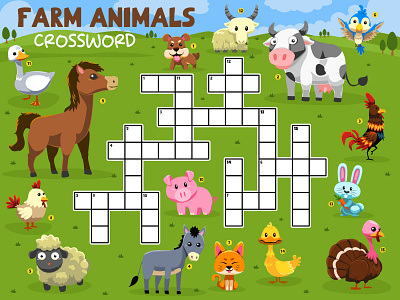 CUTE CARTOON FARM ANIMALS CROSSWORD animal cartoon character design education illustration vector