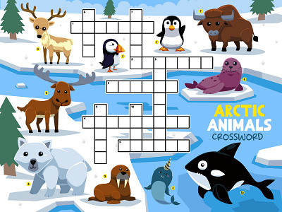 CUTE CARTOON ARCTIC ANIMALS CROSSWORD animal cartoon character design education illustration vector