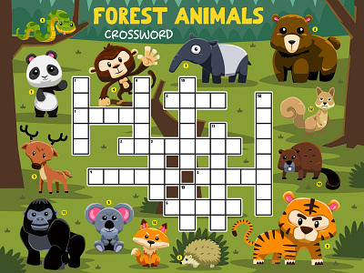 CUTE CARTOON FOREST ANIMALS CROSSWORD animal cartoon character design education illustration vector