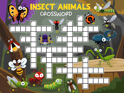 CUTE CARTOON INSECT ANIMALS CROSSWORD animal bug cartoon character design education illustration insect vector