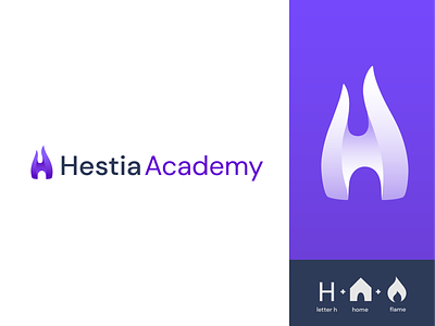 Hestia Academy Logo branding design education flame gradient home letter h logo purple