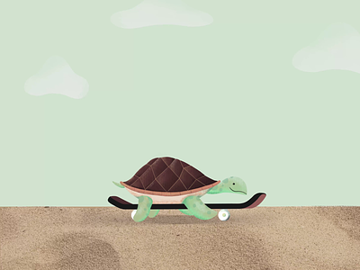 Turtle strolling on the beach after effects aftereffects animation beach clouds design happy illustration sand skateboard skateboarding turtle vector