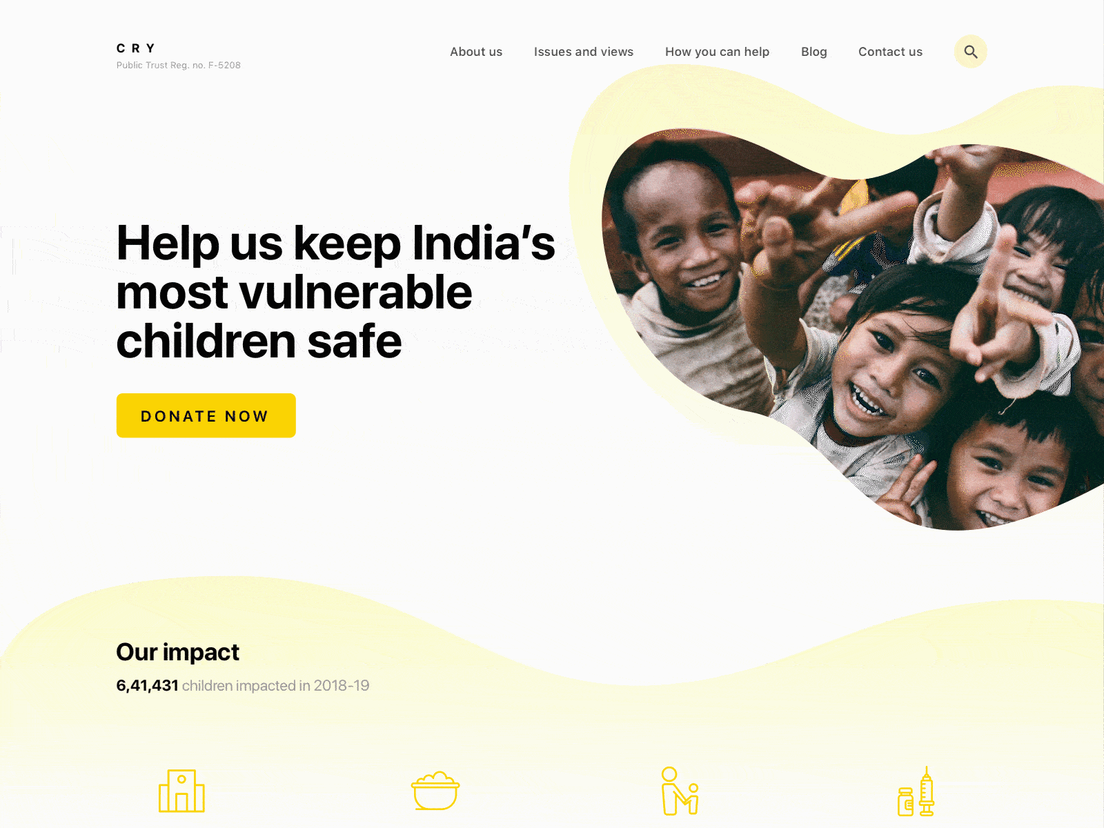 CRY landing page animation children design donate health human impact india kids ngo nutrition organization poor rights service social ui website