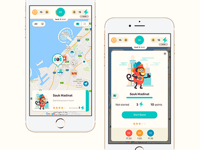 PoGo Travel App Case Study city map navigation clean white application dashboard draw icons game interface ios mobile app iphone mockup monkey character illustration travel quest yalantis