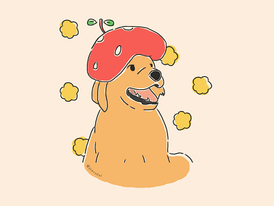 Pup's Strawberry Hat clean cute dog cute portrait design dog dog illustration flat illustration fruit fruit hat illustration portrait puppy strawberry strawberry hat thankyou yellow flowers