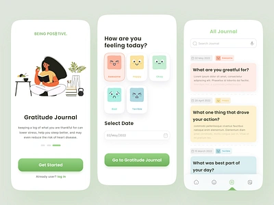 Being Positive - Mindfulness App akib tanjil app app design app ui design illustration ios journal app journalling meditation app mental health mindful mindfulness minimal mobile app mobile app design mood app typography ui ux wellness