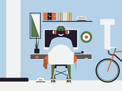 Workspace bicycle chair computer dachshund dog headphones illustration plant room vector workspace