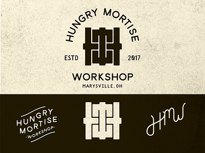 Hungry Mortise Workshop brand branding distressed font handlettering handmade logo vintage wood woodworking