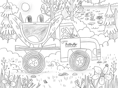Butterfly Driving A Truck butterfly coloring coloringbook frogs homeschool illustration ipad ladybug pencil pond