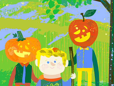 Friends apple brushes character child oak pumpkin stick texture vector