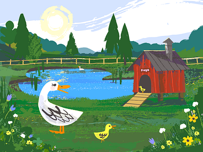 Nursery Illustration brushes duck farm flowers painting pond trees vector