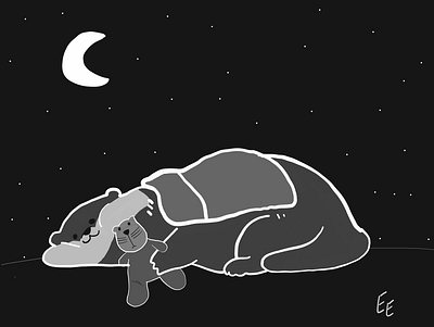 Sleepy Otter at Night animal blackandwhite calm illustration moon night otter sleepy stars teddybear