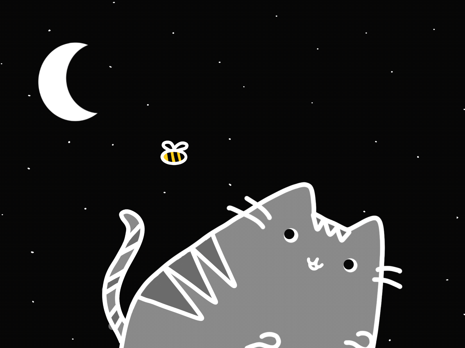 Cat & Bee at Night animal bee blackandwhite calm cat cute design illustration moon night stars