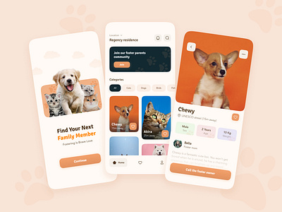 Foster Care App Concept app care cat design dog family foster foster care fostercare help home love minimal pet positive profile rescue street ui warm