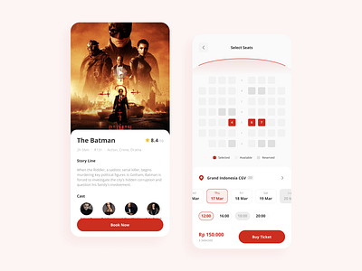 Cinima - Movie Booking App app app design batman booking app film light mode movie movie ticket product design red ui