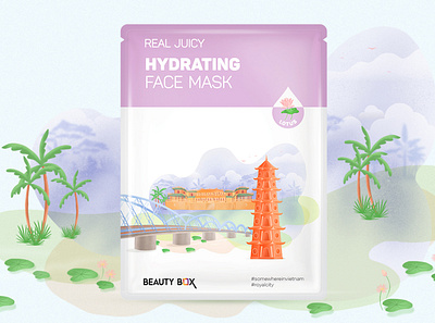 Beauty Box - Real Juicy Face Mask (Lotus) branding colors dongtrieuz historic illustration masksheet packaging packaging design somewhereinvietnam travel