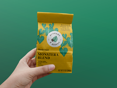 Grounds & Greens Coffee House bag branding business coffee design green illustration logo monstera package design packaging plants yellow