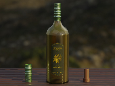 Olive oil bottle with green and gold labels in nature