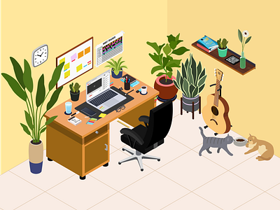 A glimpse of my life cats guitar isometric illustration plants stationery work desk