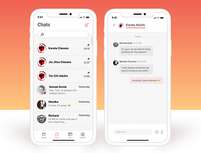 Martial Arts App - Chats/ Messaging View chats chats screen karate app martial arts app messaging app messaging screen mobile app sports club app ui design