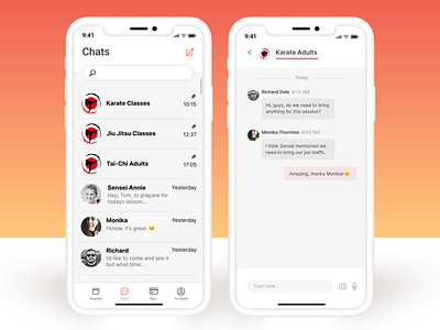 Martial Arts App - Chats/ Messaging View chats chats screen karate app martial arts app messaging app messaging screen mobile app sports club app ui design