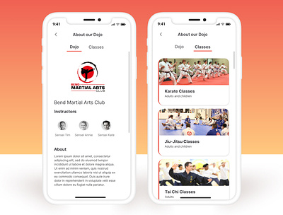 Martial Arts App - About Us/ Classes View about us screen classes view events view karate app martial arts app mobile app sports club app ui design