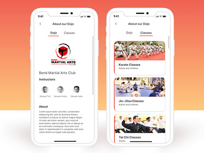 Martial Arts App - About Us/ Classes View