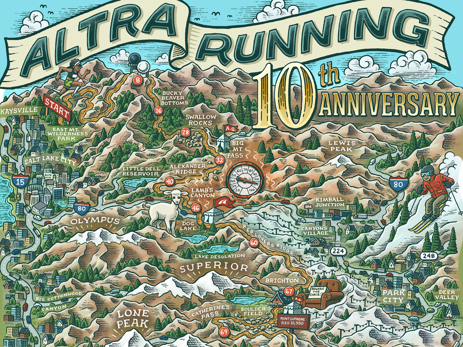Altra Running Wasatch 100 Map altra altra running drawing illustration lone peak lone peak 5 map map design map making maps mario portrait wasatch wasatch 100 wasatch mountains zucca